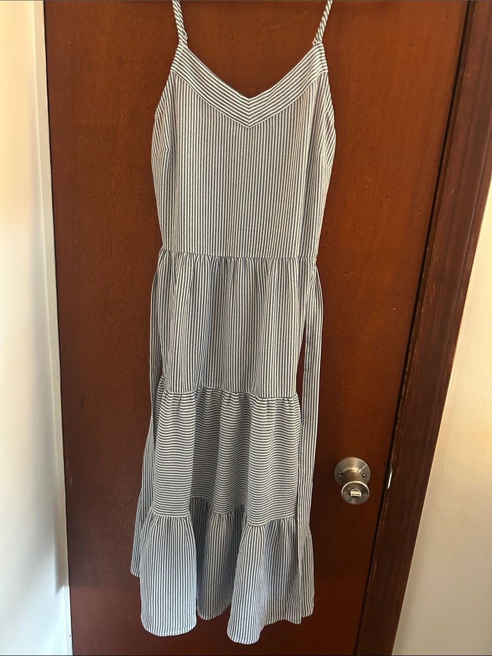 Monteau Blue and White Striped Tiered Spaghetti-Strap Maxi Dress